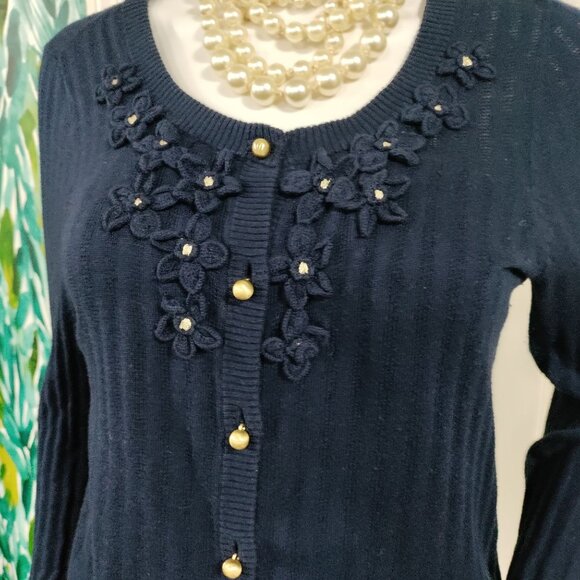 Juicy Couture Navy Blue Floral Embroidery Silk Cashmere Knit Cardigan Size Large - Picture 6 of 15